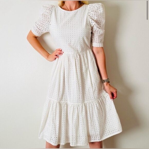 A New Day Eyelet Ivory Puff Sleeve Midi Dress. Size Medium - Picture 1 of 7